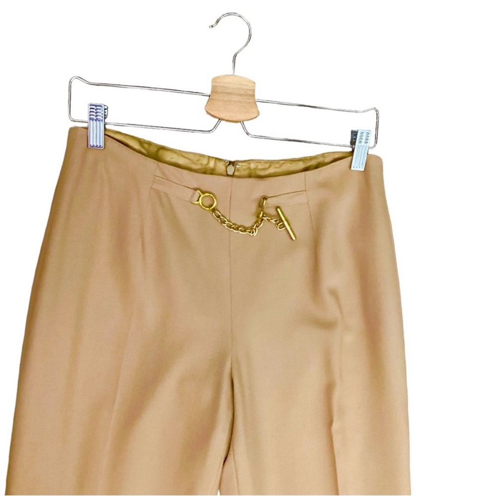 Oscar de la Renta Wool Gold Chain Detail Two Piece Pant Suit in Warm Tan Sz 4 - Picture 12 of 15